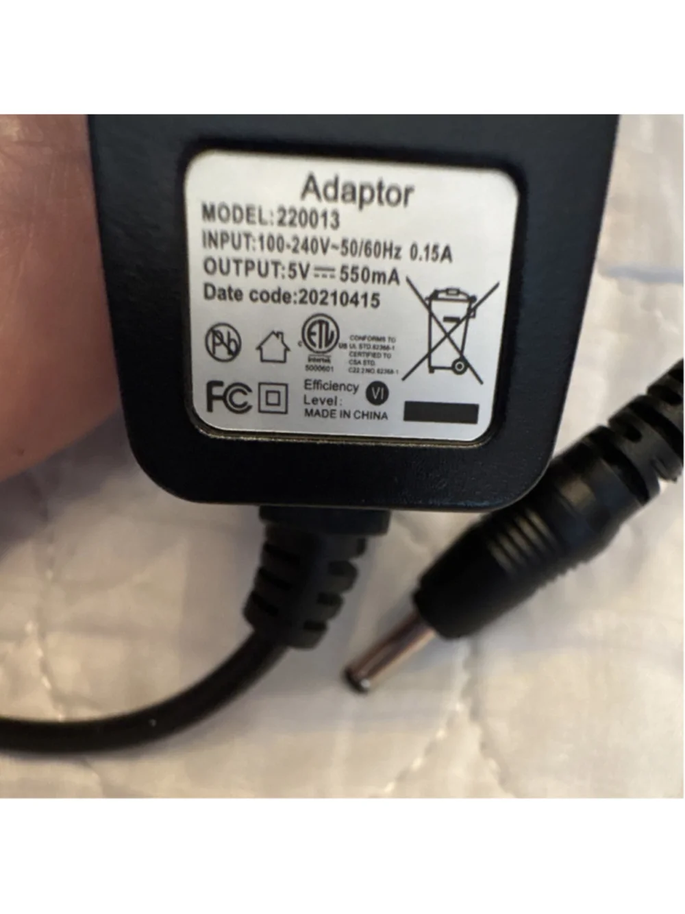 AC/DC Adapter 5V 550mA Black Powered Model 220013 Barrel Jack Male